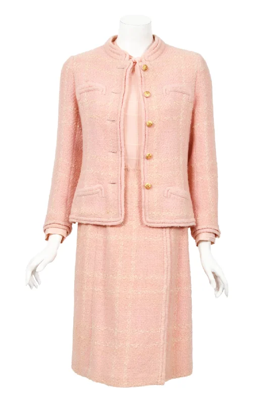 1973 Chanel Haute Couture Documented Pink Wool Jacket Blouse Skirt Three-Piece Suit