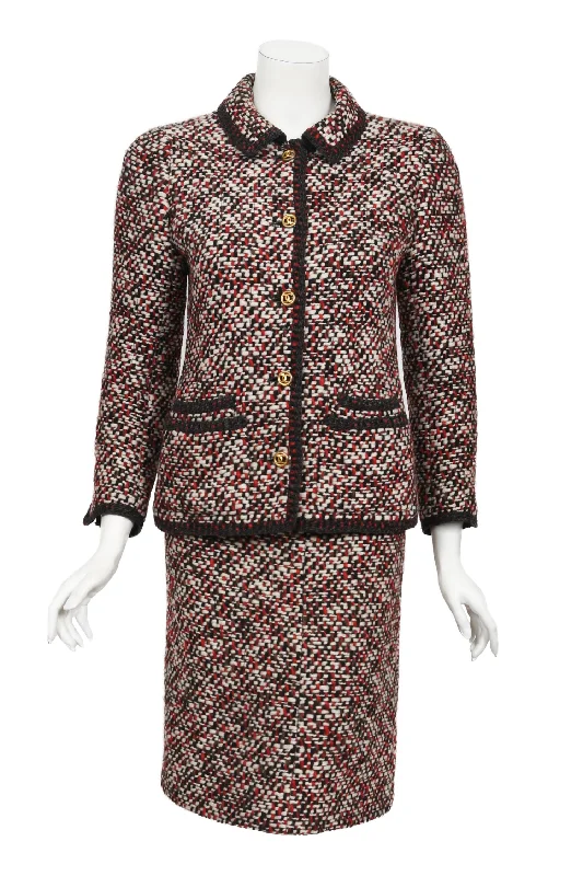 1973 Chanel Haute Couture Red Black Ivory Wool Tweed Jacket & Skirt Suit