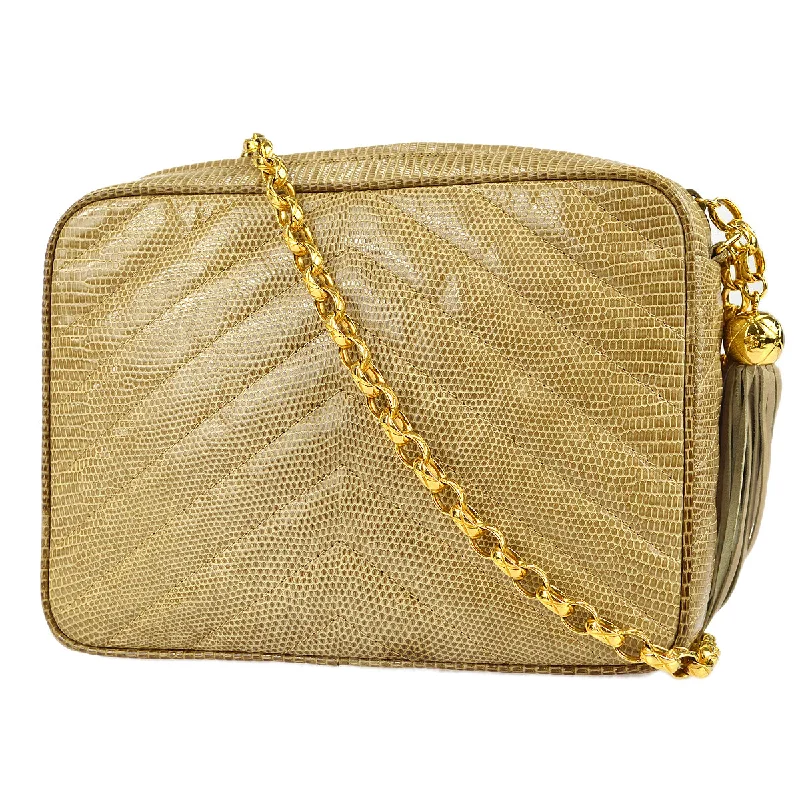 Chanel * 1991-1994 Chevron Pocket Camera Bag Small Beige Lizard