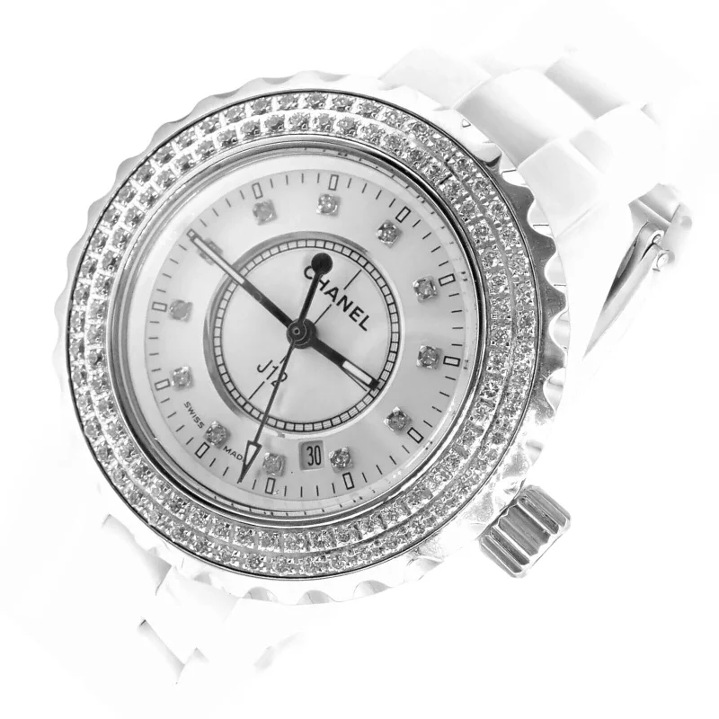 Authentic! Chanel J12 White Ceramic 33mm Automatic Diamond Watch DN23788