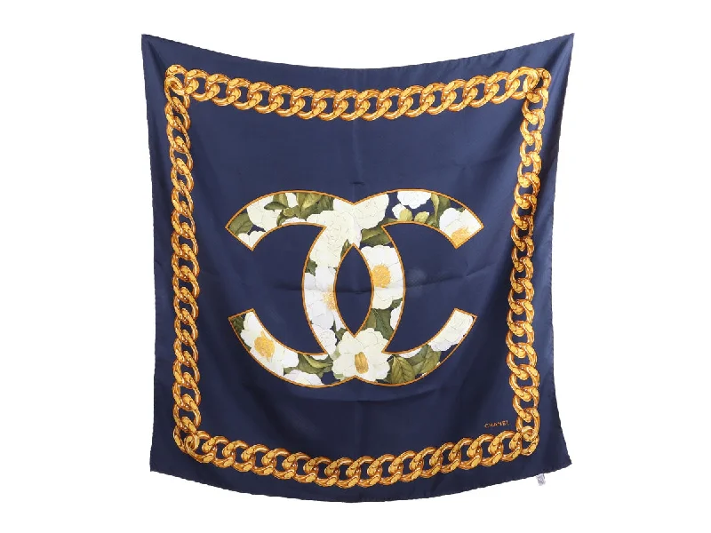 Chanel Navy Chain and Floral CC Silk Scarf