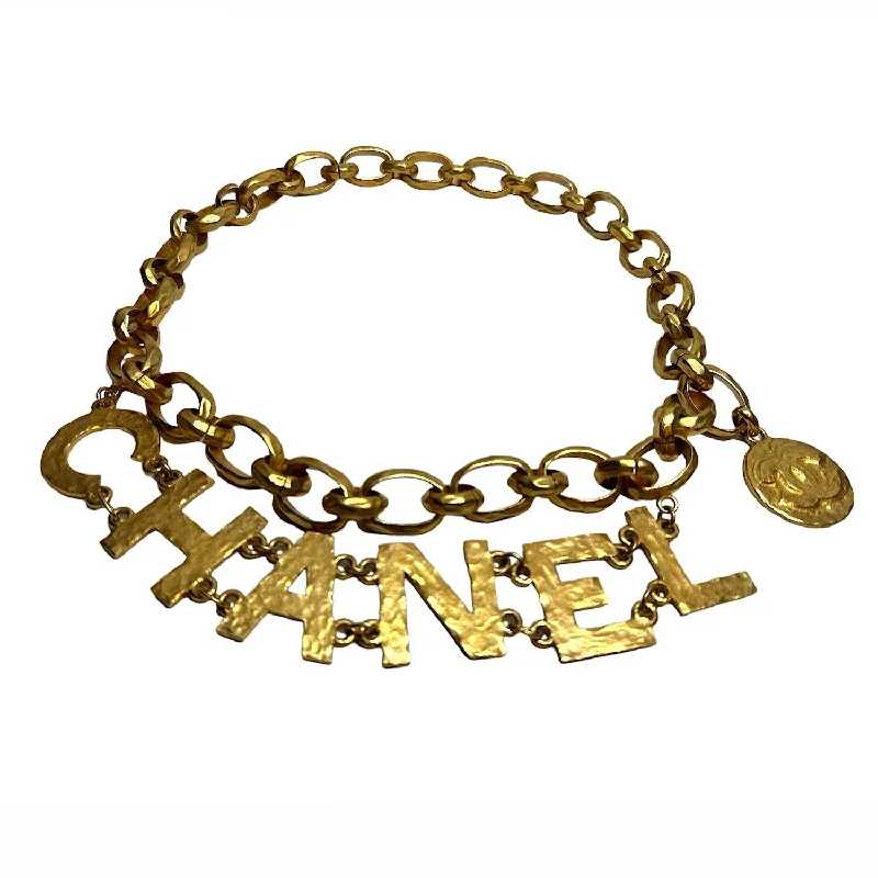 Chanel 1993 Vintage Gold Tone Hammered Metal Chain Letters Belt