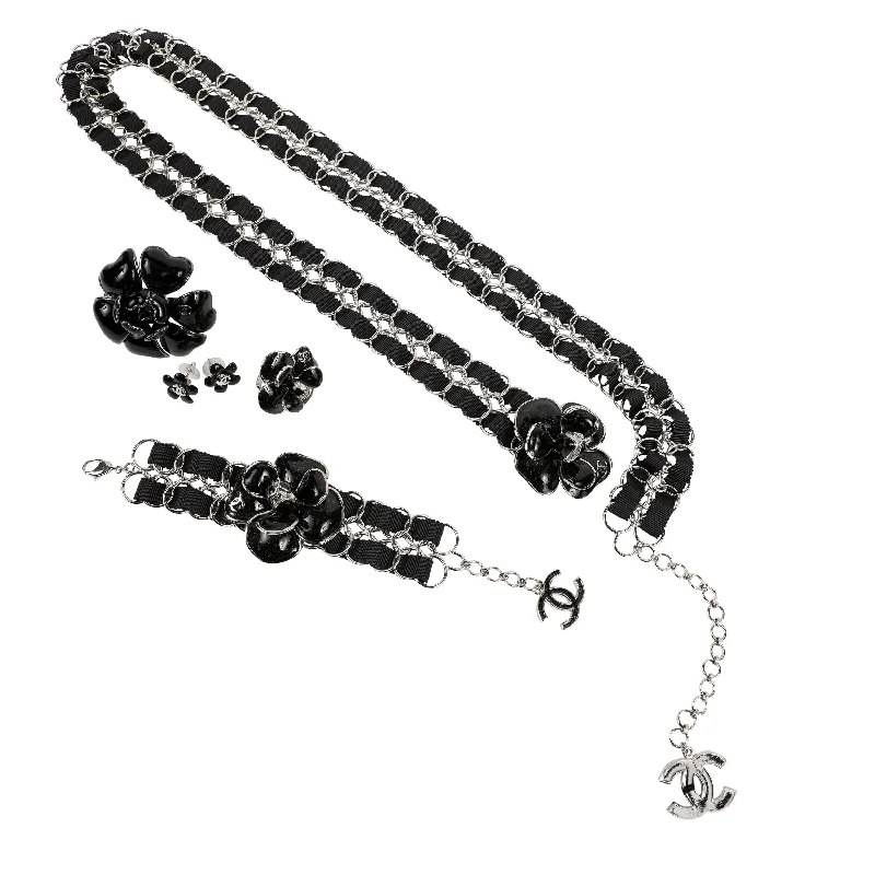 Chanel Black Camellia/ Silver Set (Bracelet, Brooch, Earrings, Ring, Belt)