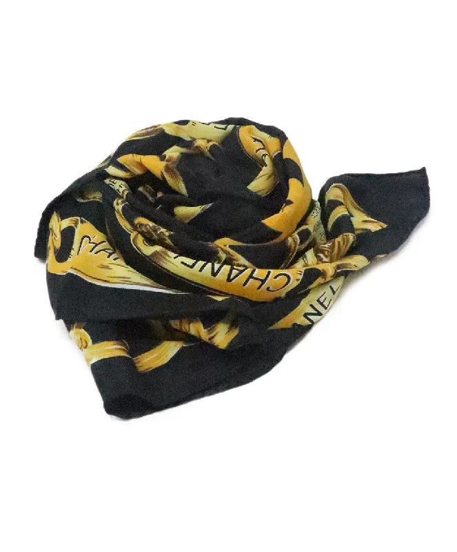 Chanel Black & Gold Chain Print Scarf