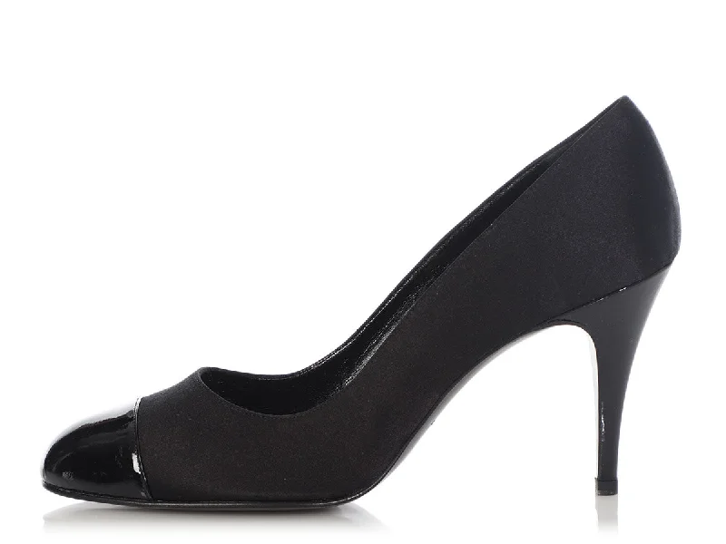 Chanel Black Satin and Patent Capped Toe Pumps