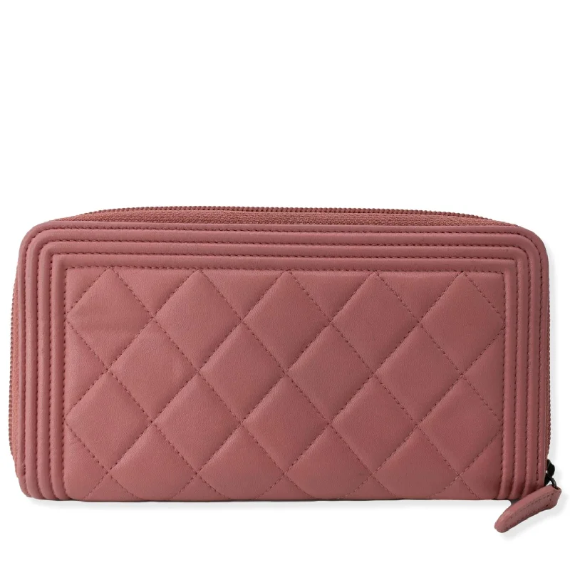 CHANEL Small Boy Lambskin Zip Around Long Wallet Pink