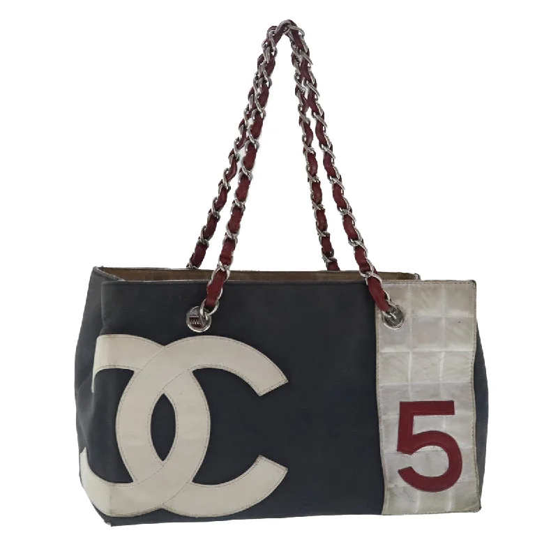 CHANEL Chain Hand Bag No5 Canvas Navy Silver CC  97210