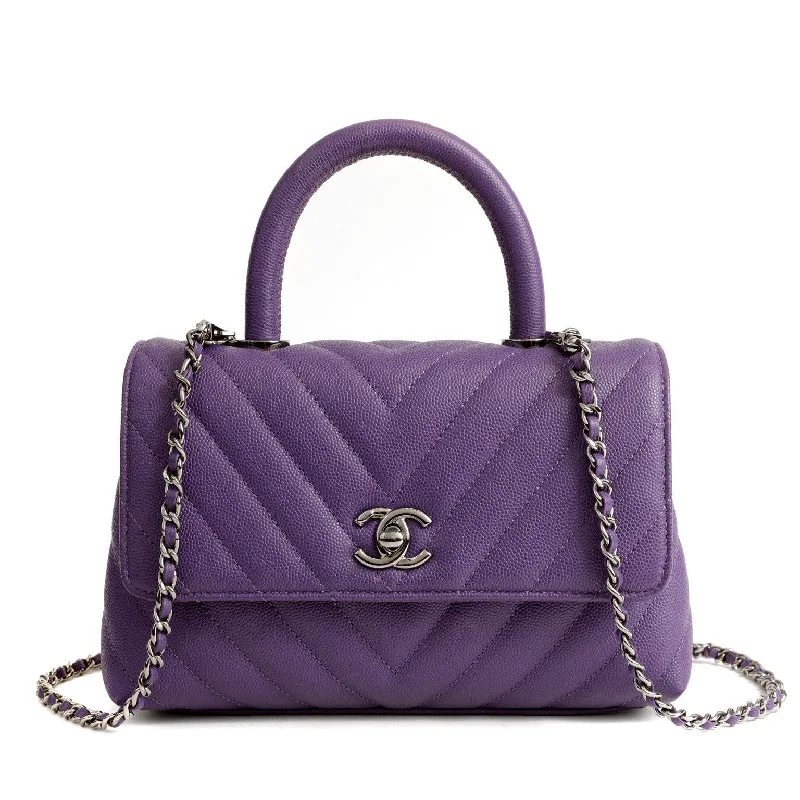 Chanel Chevron Caviar Royal Purple Mini Coco Handle Flap Bag  w/ Silver Hardware