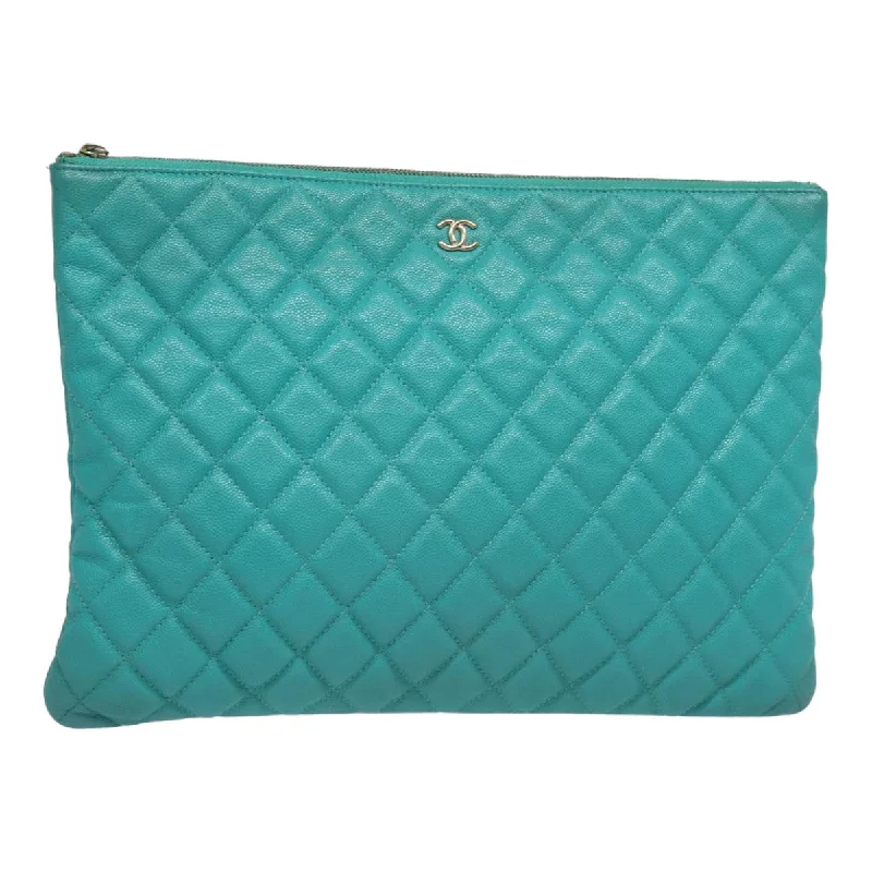 CHANEL Clutch Bag Caviar Skin Turquoise Blue CC  83807A