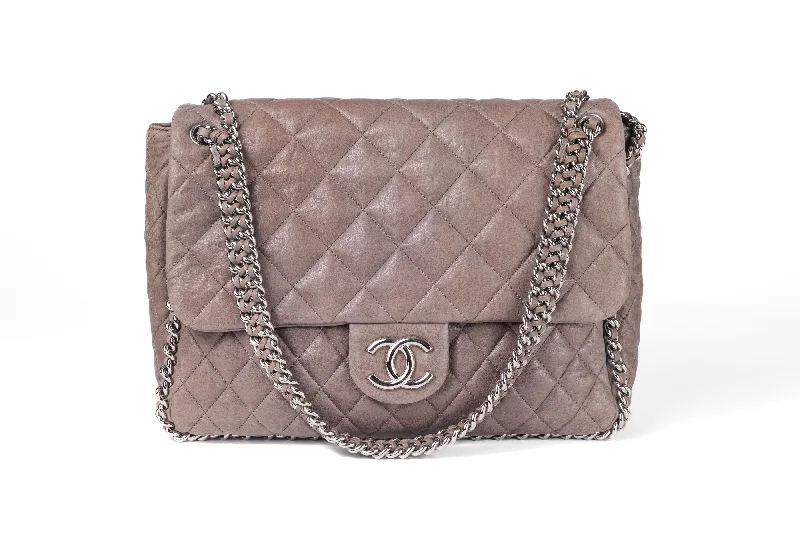 Chanel Taupe Gray Washed Lambskin Chain Around Luxe Flap Bag with Silver Hardware