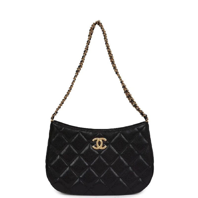 Chanel Hobo Bag Black Shiny Caviar Brushed Gold Hardware