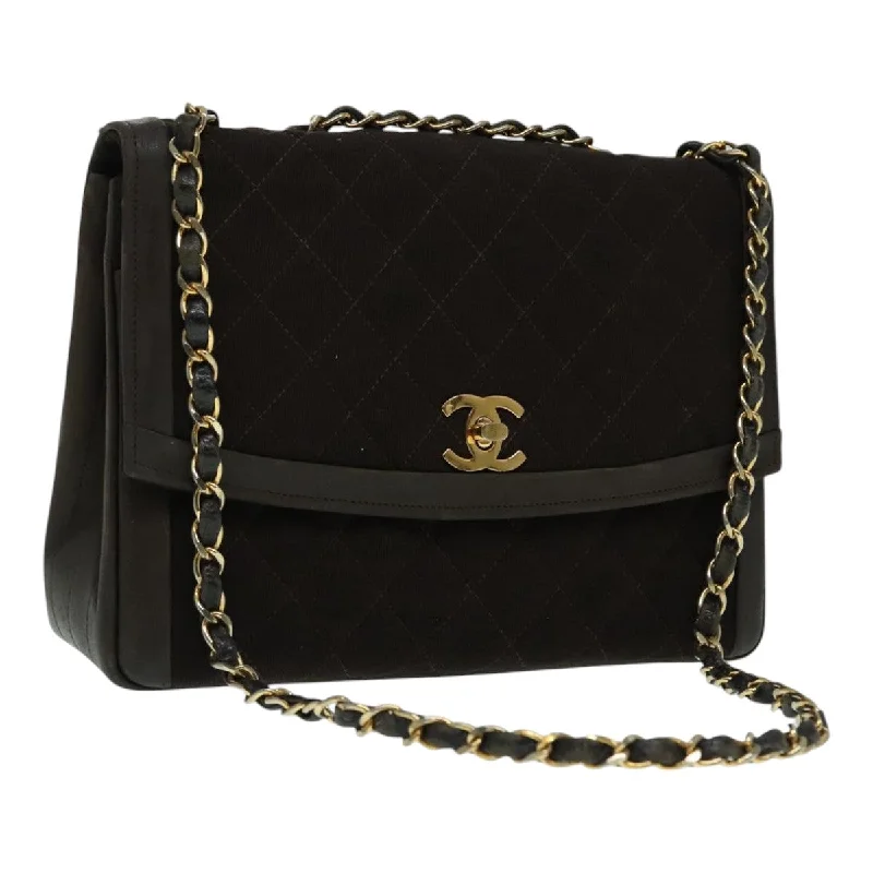 CHANEL Matelasse Chain Hand Bag Cotton Brown Gold CC  bs18526