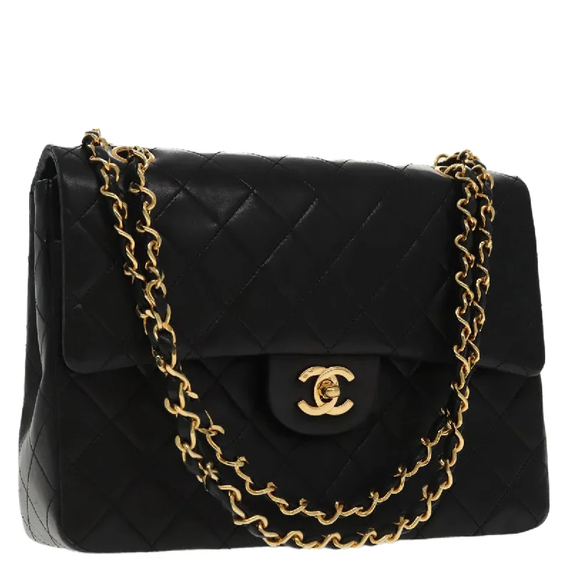 CHANEL Matelasse Chain Hand Bag Lamb Skin Black Gold CC  95715A