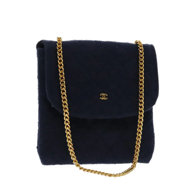 CHANEL Matelasse Chain Pouch Cotton Navy Gold CC  bs18850