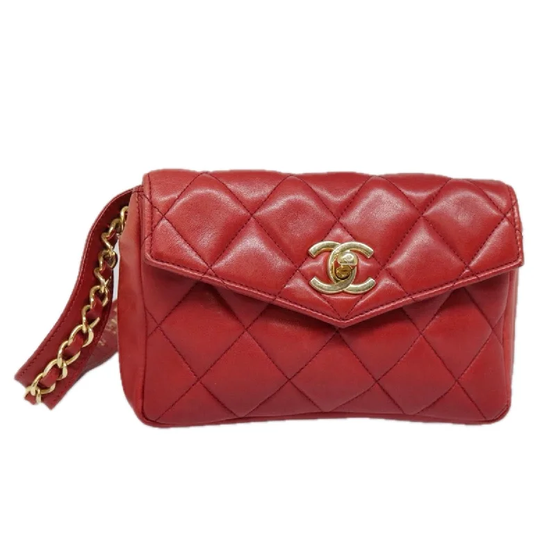 CHANEL Matelasse Chain Waist bag Lamb Skin Red Gold CC  bs18456