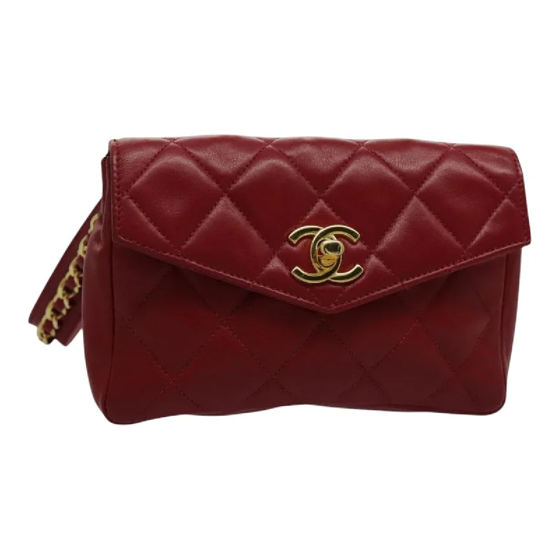 CHANEL Matelasse Chain Waist bag Leather Red Gold CC  yk15520