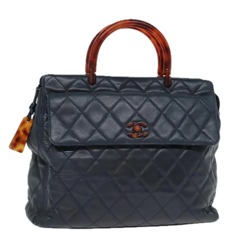 CHANEL Matelasse Hand Bag Lamb Skin Navy CC  bs18353