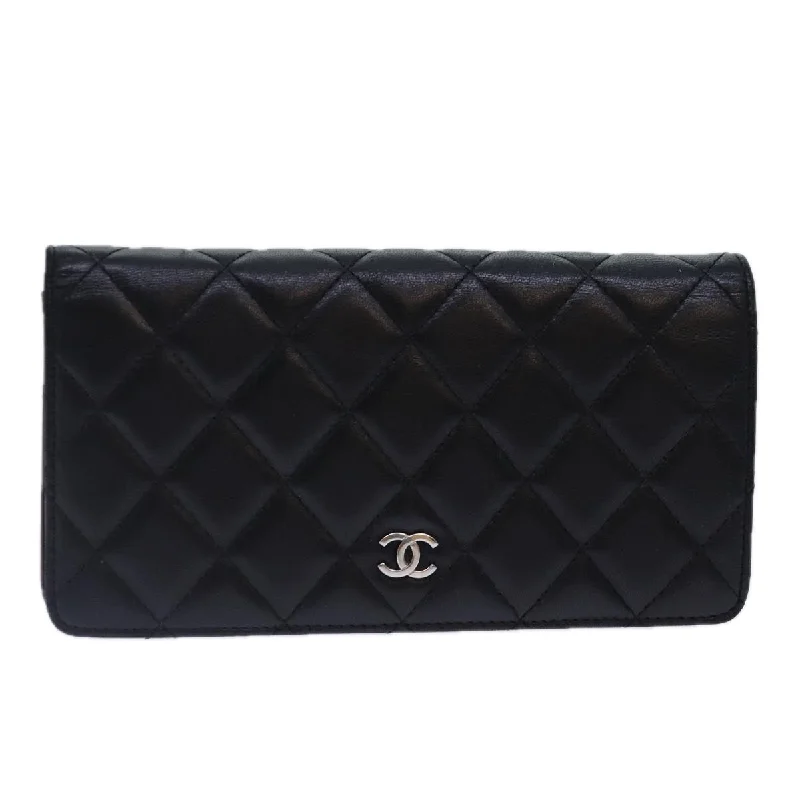 CHANEL Matelasse Long Wallet Lamb Skin Black Silver CC  yk14488