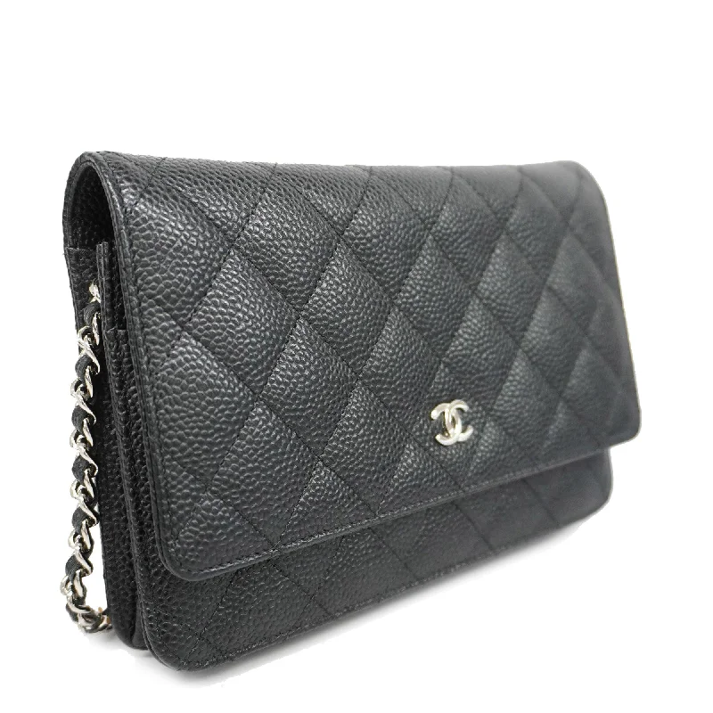 CHANEL  Matelasse Silver Hardware Caviar Leather Chain/Shoulder Wallet Black