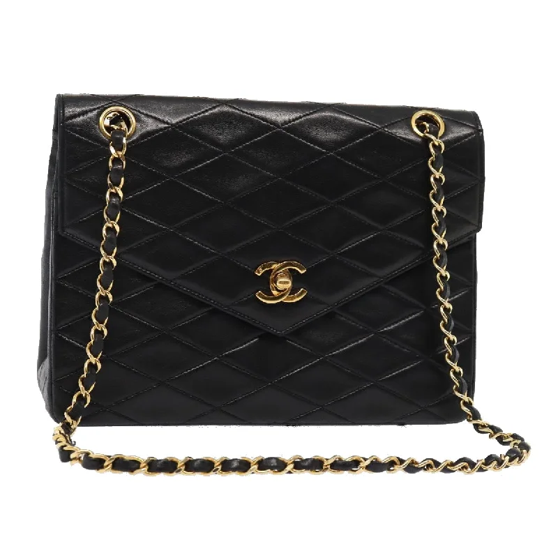 CHANEL Matelasse Turn Lock Chain Hand Bag Lamb Skin Black Gold CC  87124A