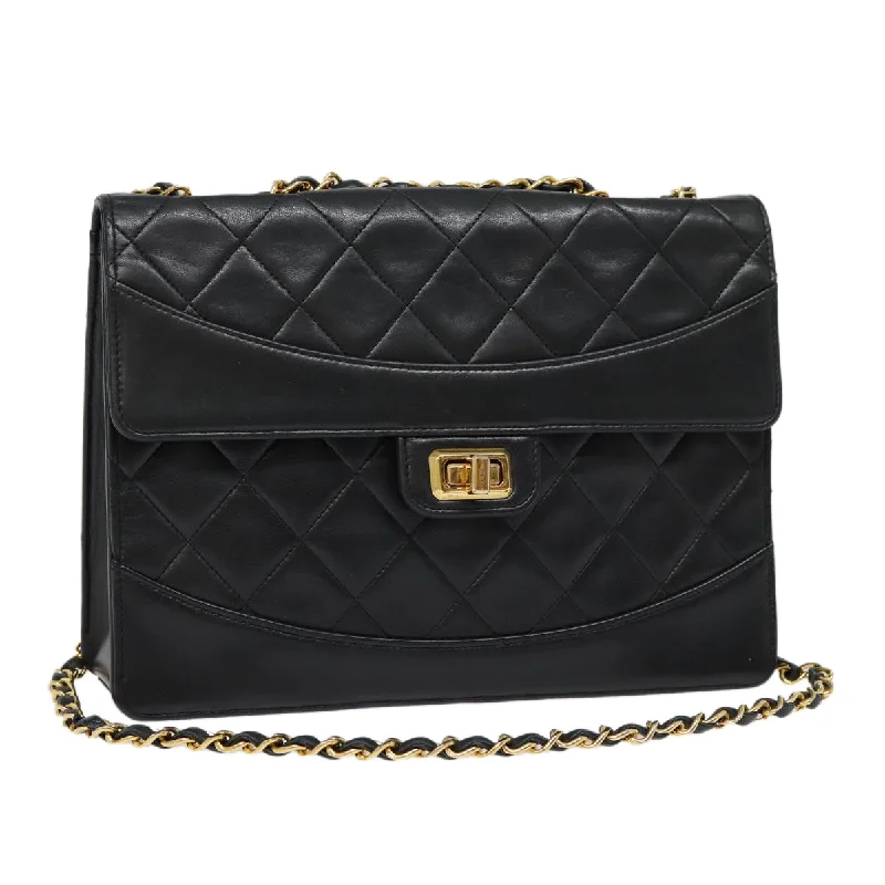 CHANEL Matelasse Turn Lock Chain Hand Bag Lamb Skin Black Gold CC  yk14333A