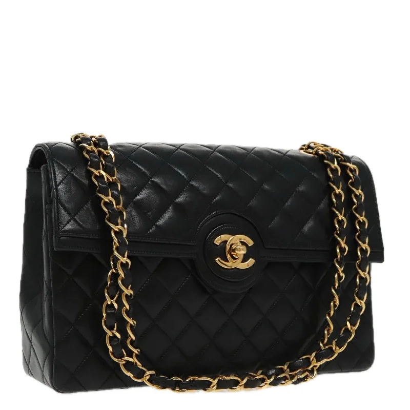 CHANEL Matelasse Turn Lock Chain Hand Bag Lamb Skin Black Gold CC  yk15738A