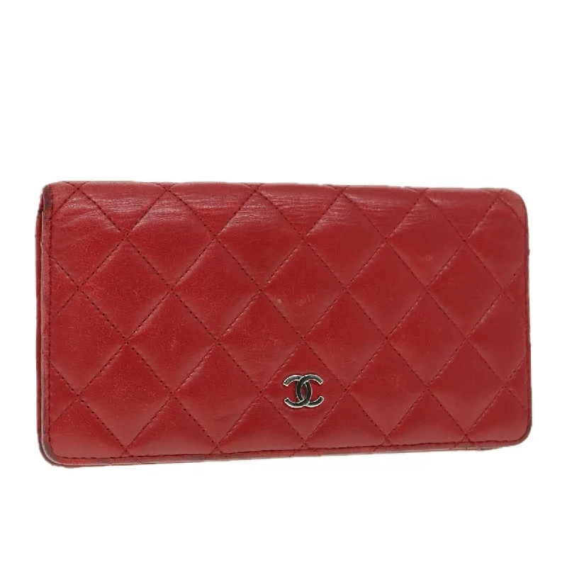 CHANEL Matelasse Wallet Lamb Skin Red Silver CC  90620