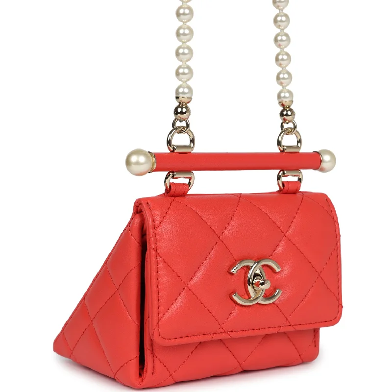 Chanel Mini Clutch with Pearl Chain Red Lambskin Light Gold Hardware