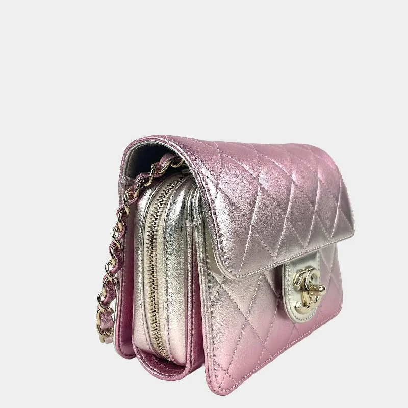 CHANEL Metallic Lambskin Like A Wallet Flap Golden Pink