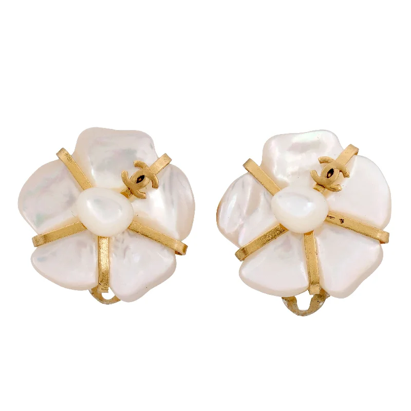 Chanel Mother of Pearl Camellia Earrings w/ Gold Hardware (Fine Jewelry)