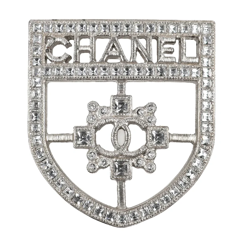 Chanel Silver Crystal CC Crest Brooch/Pin