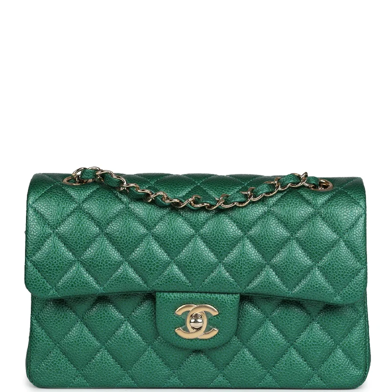 Chanel Small Classic Double Flap Bag Emerald Green Shiny Caviar Gold Hardware