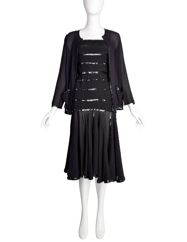 Chanel Vintage Rare Black Pleated Silk Sequin Dress and Jacket Ensemble Set