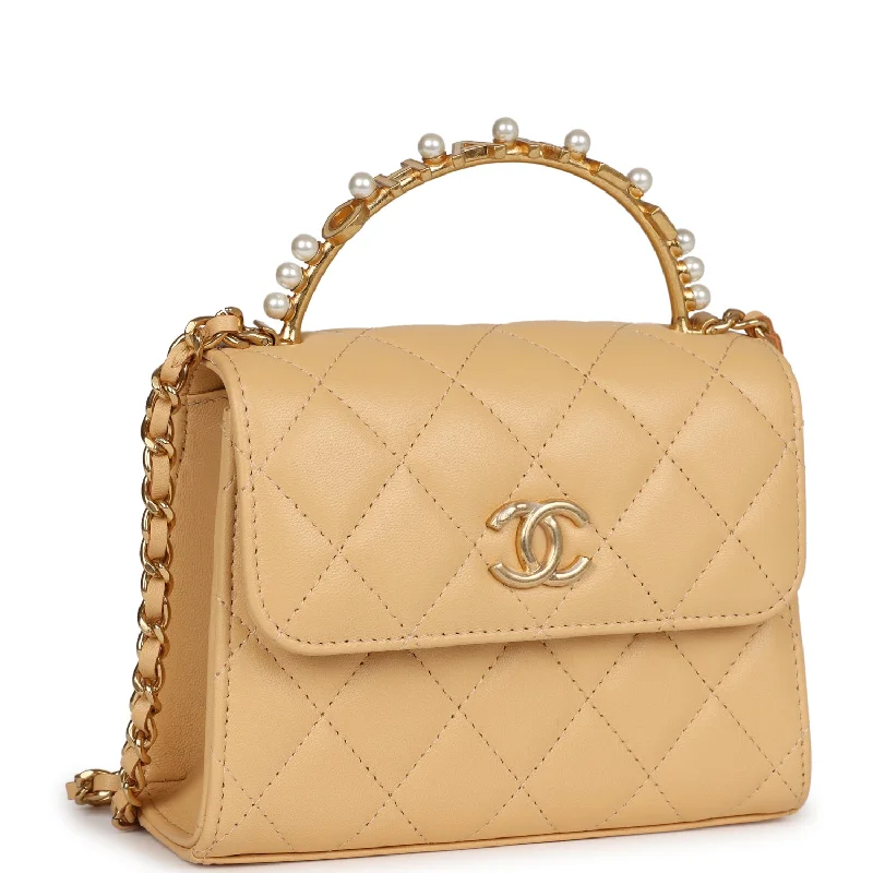 Chanel Clutch with Top Handle Beige Lambskin Antique Gold Hardware