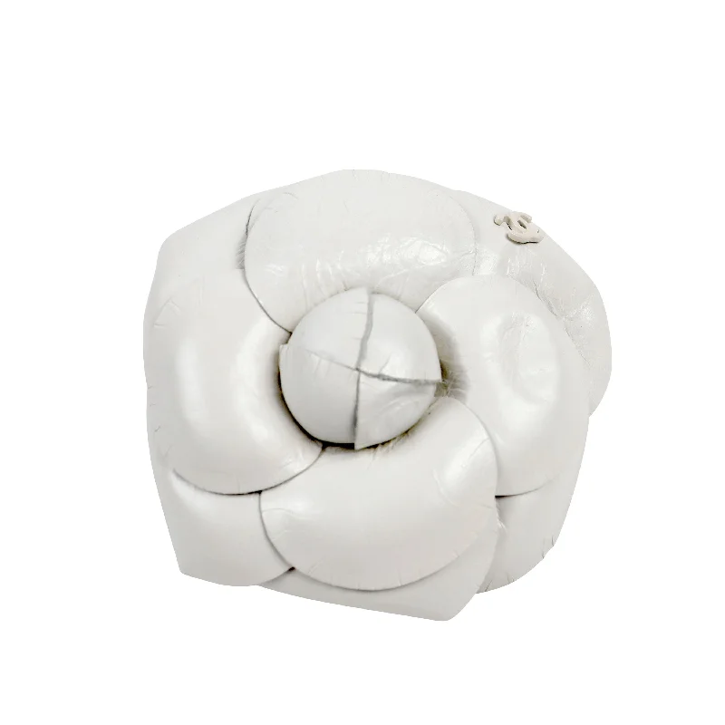 Chanel White Leather Camellia Brooch