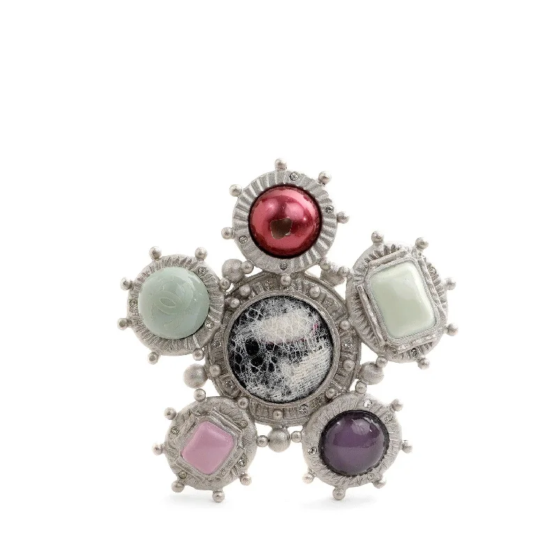 Chanel Green & Purple Stone & Tweed Center Brooch w/ Silver Hardware