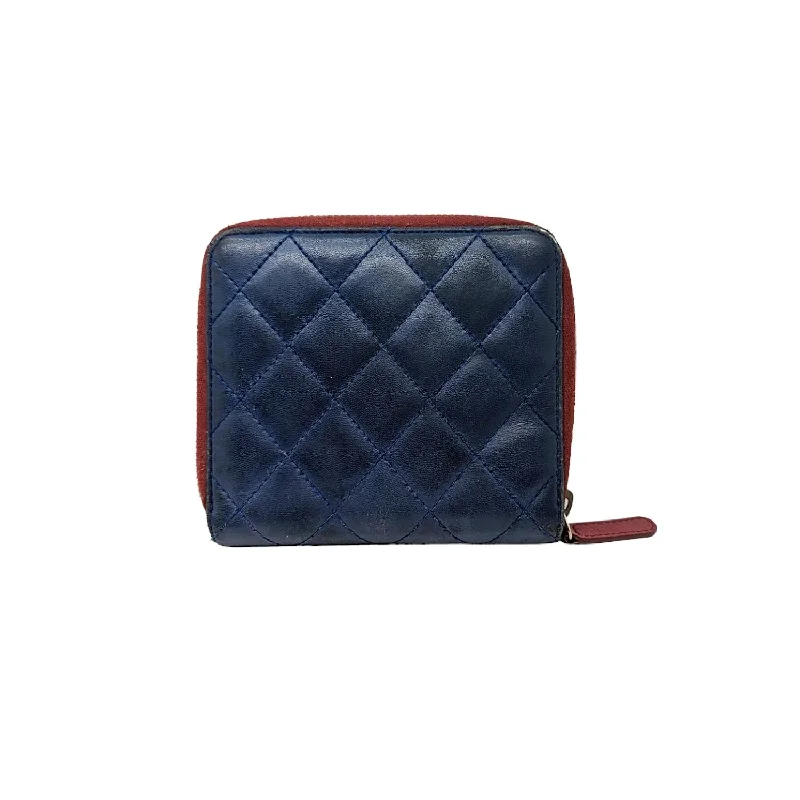 Chanel bags Blue Bicolor Quilted Maroon Trim Compact Zip Around Wallet