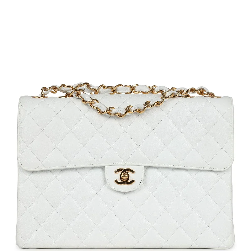 Vintage Chanel Jumbo Single Flap Bag White Caviar Gold Hardware