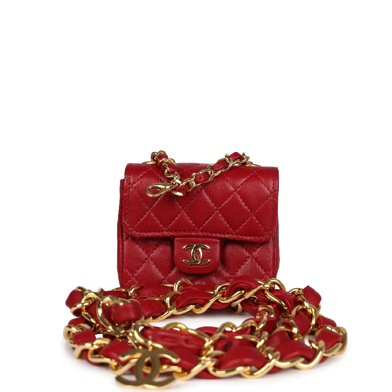 Vintage Chanel Micro Belt Flap Bag Red Lambskin Gold Hardware