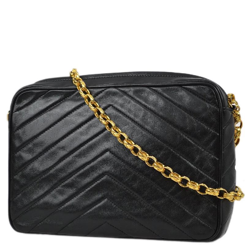 Chanel 1991-1994 Black Lambskin Small Chevron Pocket Camera Bag