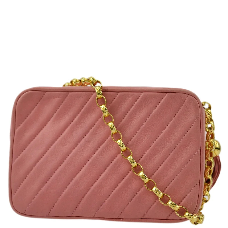 Chanel 1991-1994 Pink Lambskin Mini Diagonal Stitch Camera Bag