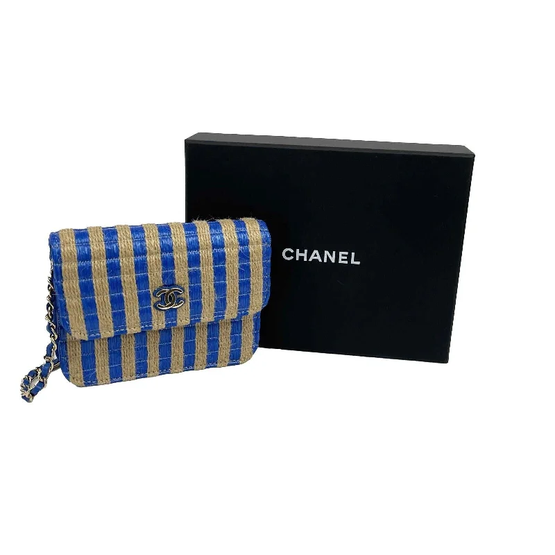 CHANEL - 2021 Raffia Jute Striped Belt Bag - Blue / Beige / Gold Hardware