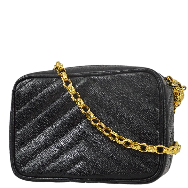 Chanel Black Caviar Skin V Stitch Camera Bag Mini