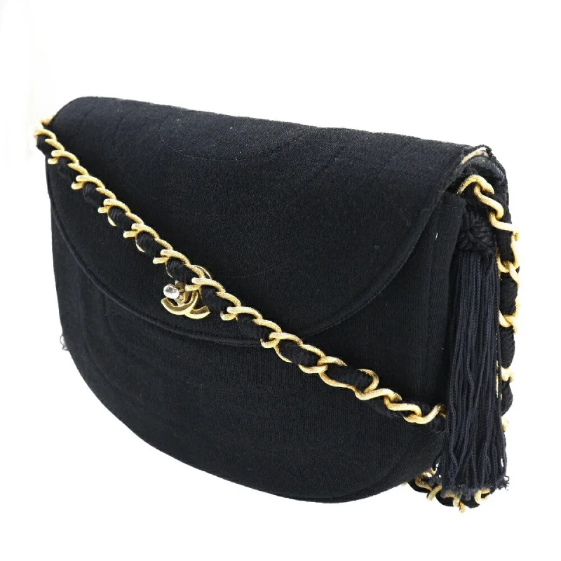 CHANEL Chain Shoulder Bag Coco Mark Tassel Vintage Cotton France Black/Gold Hardware Crossbody Turn Lock ChainShoulder Women's