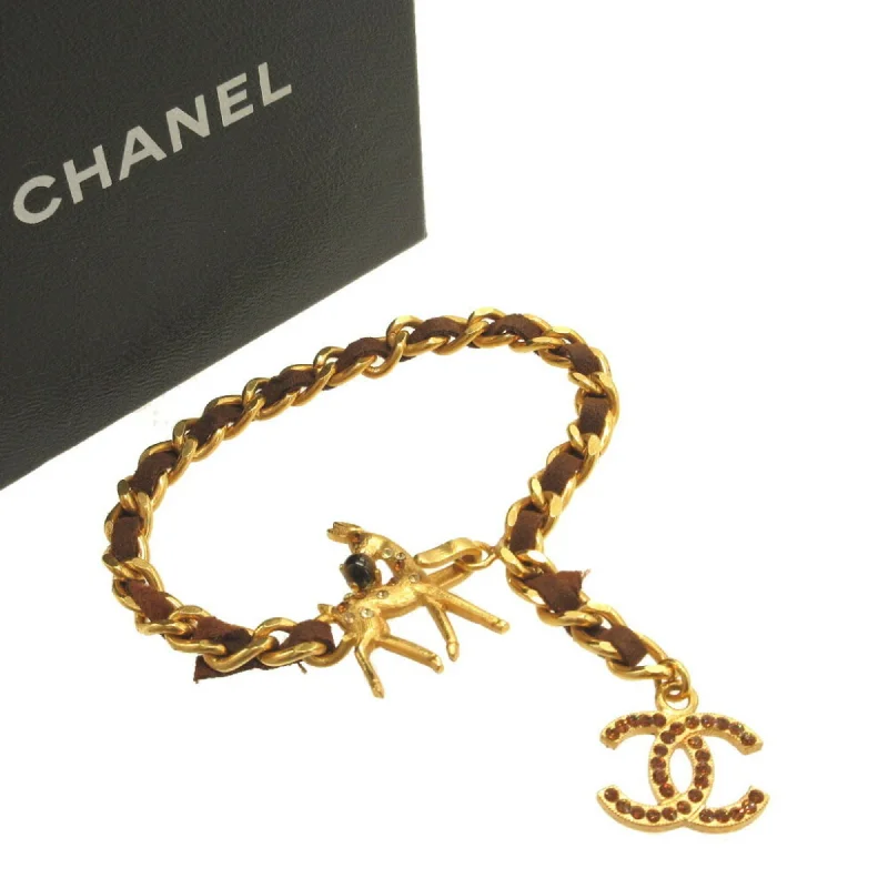 CHANEL Cocomark 01A Colored Stone Bambi Metal Gold Brown Chain Bracelet