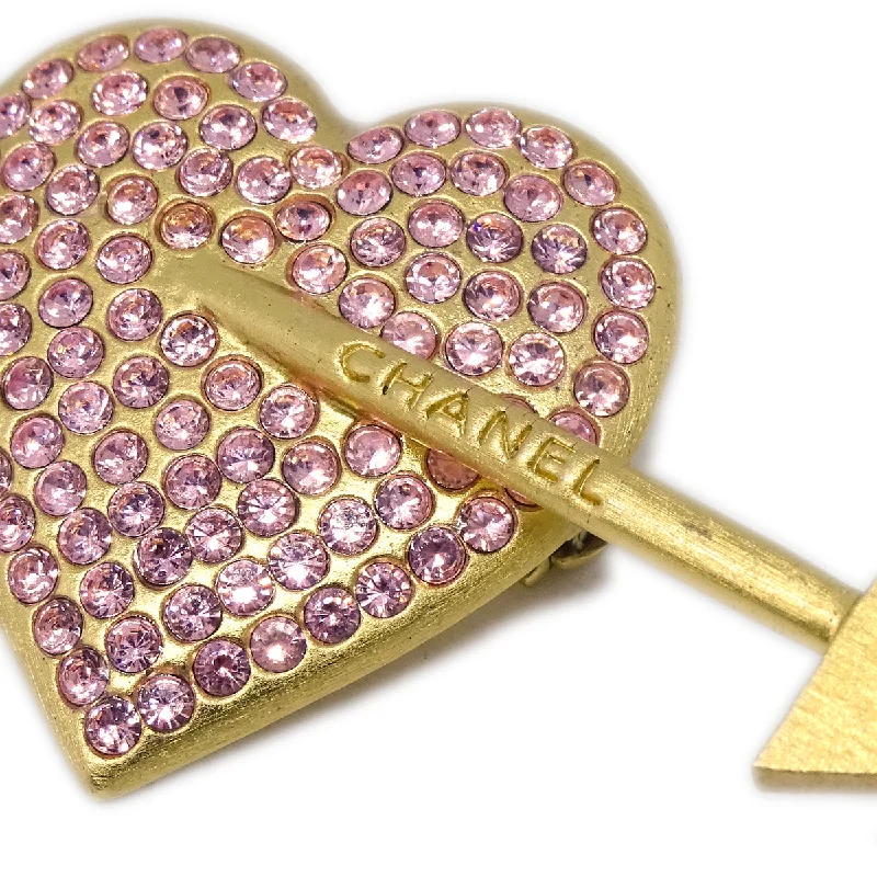 Chanel Gold Bow And Arrow Heart Brooch Pin Rhinestone 02P