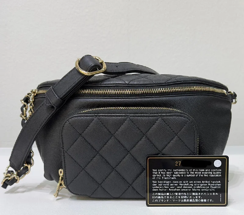 Chanel Black Quilted Caviar Leather Business Affinity Waist Belt Bag 27 holo card