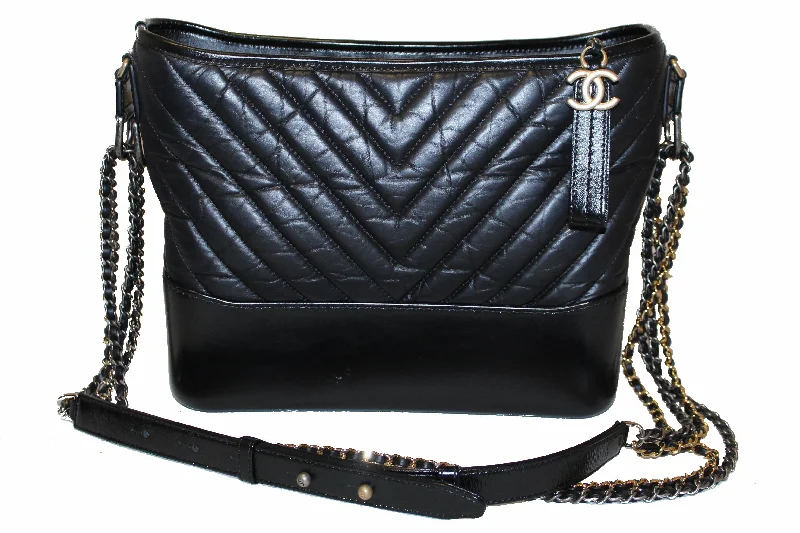 Chanel Medium Gabrielle Black Chevron Aged Calfskin Leather Hobo Bag