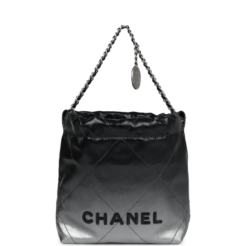 Chanel Mini 22 Hobo Black and Silver Ombre Metallic Calfskin Lacquered Metal Hardware