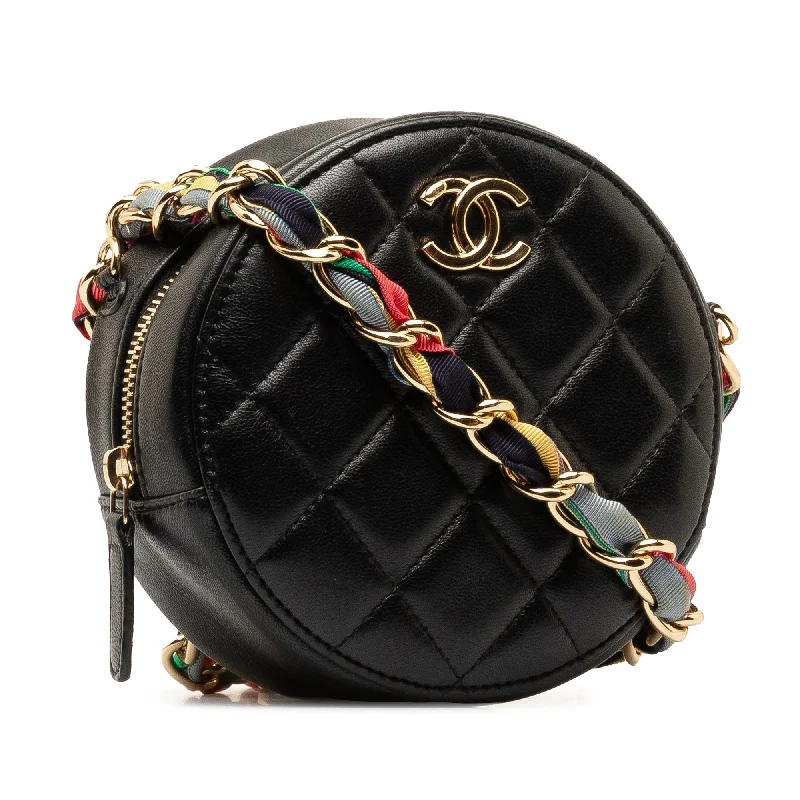 CHANEL Quilted Lambskin Ribbon Round Clutch With Chain Crossbody Bag